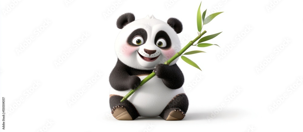 Fototapeta premium A smiling cartoon baby panda holding a bamboo stick, white background 