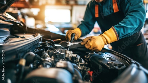 A mechanic working on a car engine with a wrench in hand, illuminated by the warm light of the workshop photo