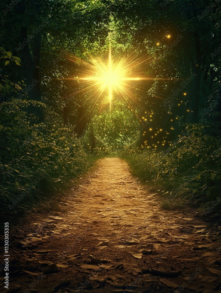 Obraz premium Enchanted Forest Path: A mystical journey awaits on a sunlit path through an enchanted forest, fireflies dancing in the twilight, leading to a radiant star. 