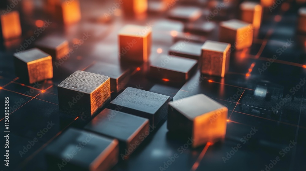 Obraz premium Dark cubes glow, arranged on a grid.