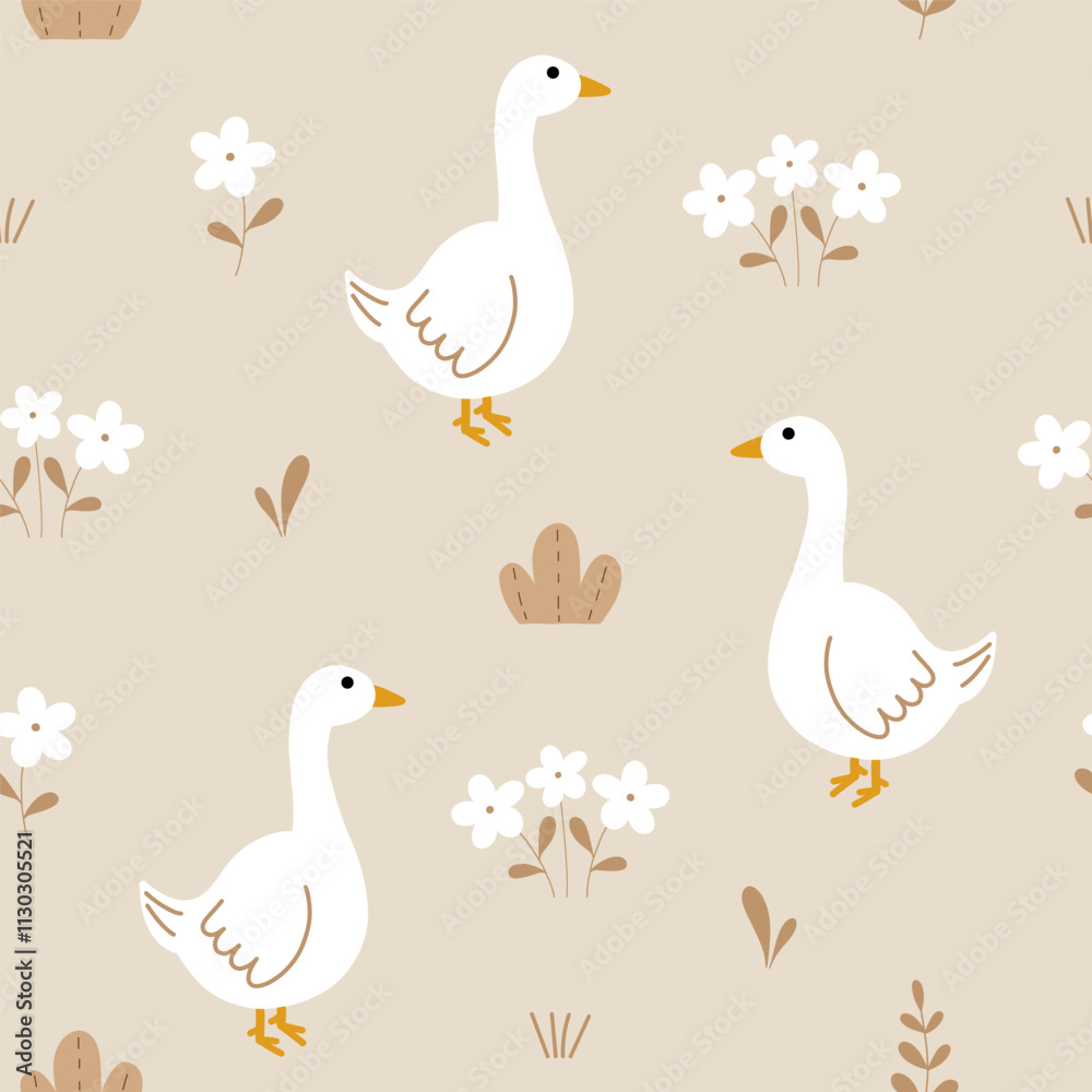 Fototapeta premium Goose vector seamless pattern with flowers for your fabric, children textile, apparel, nursery decoration, gift wrap paper. Vector illustration