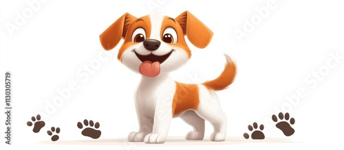 A cheerful cartoon puppy wagging its tail, surrounded by little paw prints, white background 