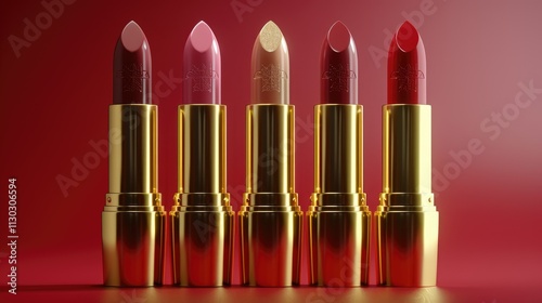 Five gold lipstick tubes with different shades against a red background. photo