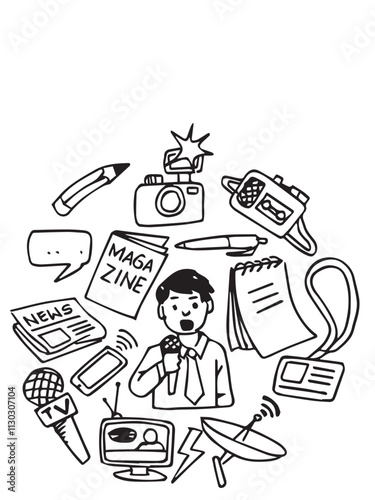 Vector doodle journalism icons collection. Set of hand drawn symbols with tv,camera, speech bubble, telephone, dictaphone.