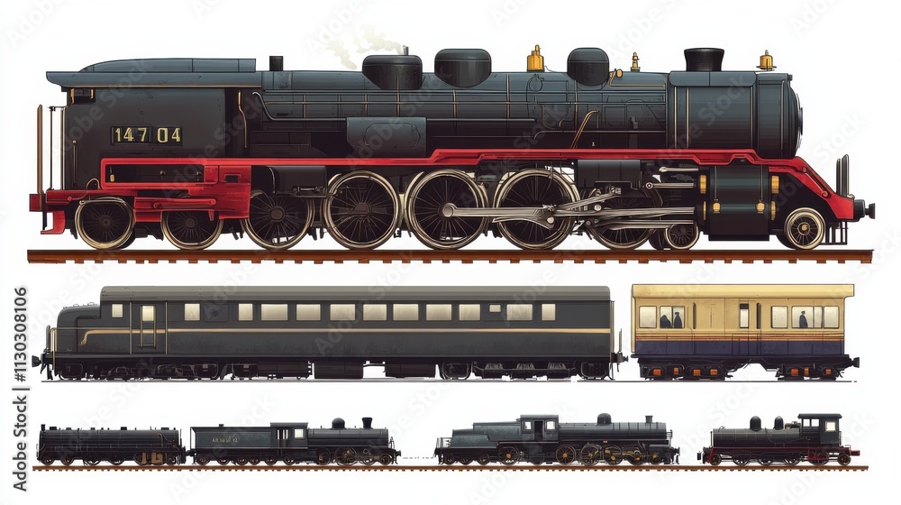 Obraz premium Train clipart with vintage locomotives and modern high-speed trains in detailed vector art