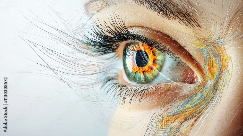 Obraz premium An abstract mixed media artwork depicting the intricate patterns and colors of a human eye in the process of being scanned