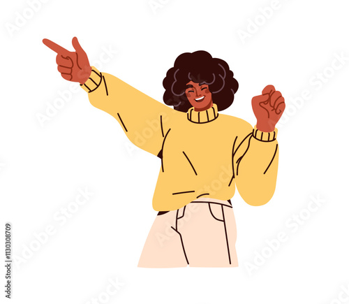 Happy woman pointing up. Cheerful excited female in playful pose, hand gesture. Joyful glad emotion, expression. Smiling girl with active energy. Flat vector illustration isolated on white background