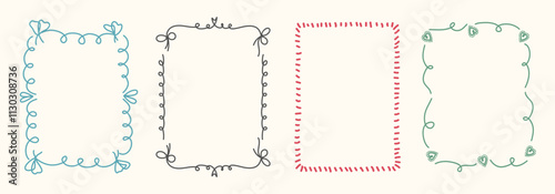 Hand Drawn frame set with doodle bows, ribbons. Whimsical line borders for birthday, christmas, wedding Invitations. Coquette bow set. Vintage minimalist elements in trendy line art style. Vector illu