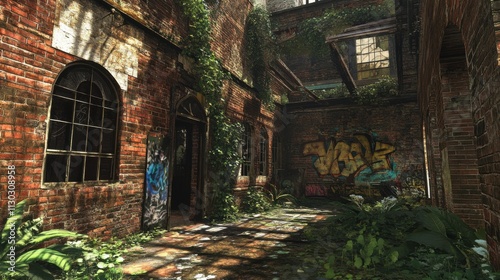 Urban decay scene featuring a crumbling brick building with shattered windows, overgrown plants, and graffiti-covered walls photo