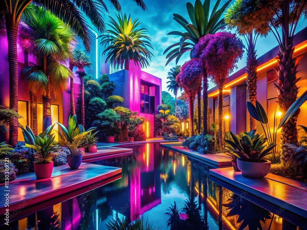 Naklejka premium Futuristic Tropical Oasis - Cyberpunk Paradise