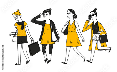 Cute character illustration of different people in various outfits, Outline, thin line art, hand drawn sketch, black and white ink style.