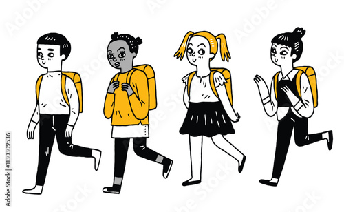 Cute character illustration of different people in various outfits, Outline, thin line art, hand drawn sketch, black and white ink style.