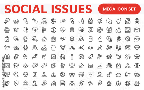 Social Issues Icon Set. Thought-provoking and impactful icons designed to raise awareness and promote engagement, perfect for enhancing campaigns, websites, and educational materials.