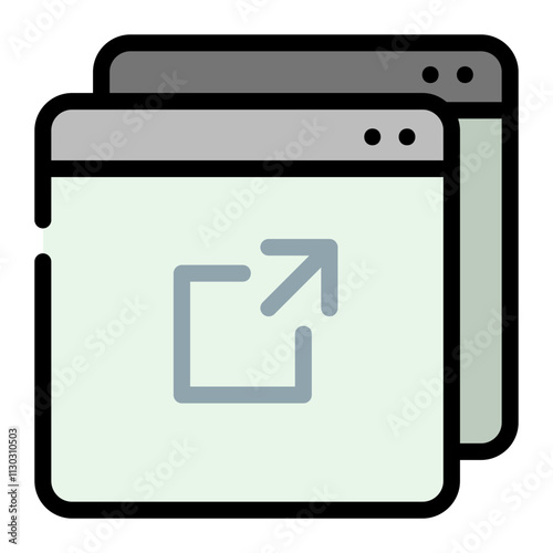 Abstract black icon representing browser windows with an expand arrow symbol design