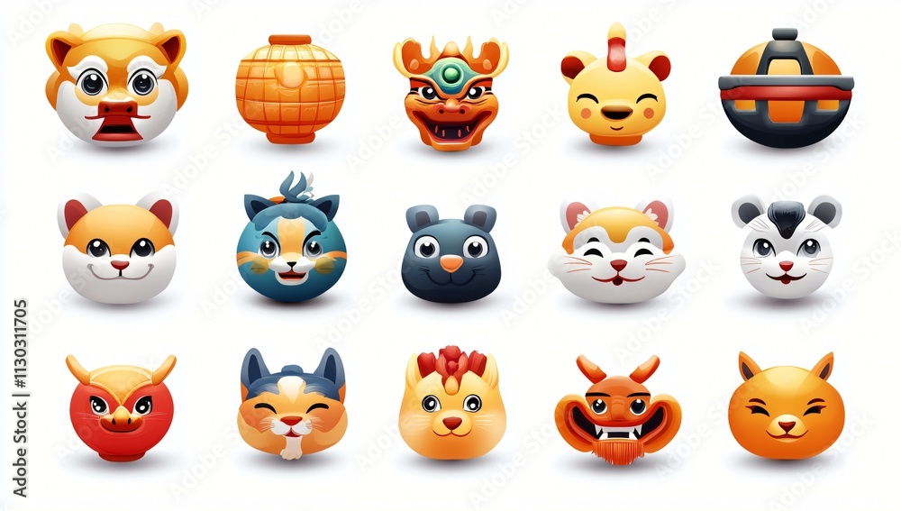 Fototapeta premium Cute Animal Icons Chinese New Year Celebration Lantern Festival Zodiac Animals