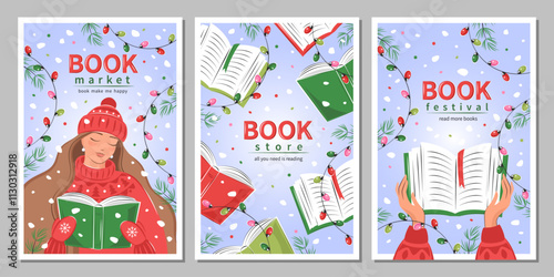 Set of banner for bookstore,  festival, library, sale in bookshop, market. People read books with winter decor, garlands, Christmas tree and snow. Vector illustration for poster, cover, sale.
