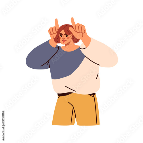 Funny woman, horns with fingers, hand gesture. Mischievous young female, girl...