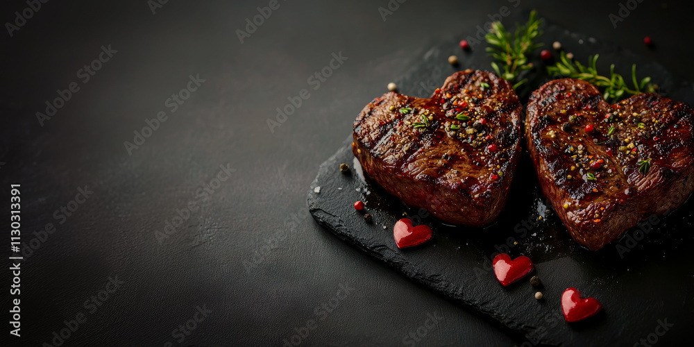 Grilled Heart shaped steaks with spices on stone on dark background. Dinner celebration concept for two person for Valentines Day
