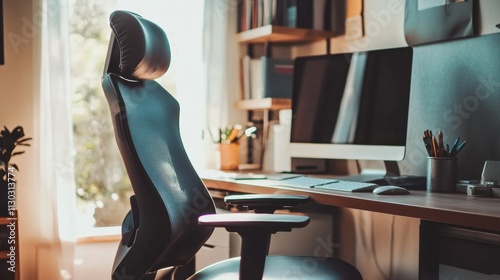 An ergonomic chair with a headrest and tilt function, perfectly paired with a clean, organized workstation