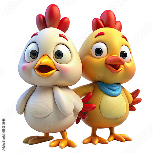 A pair of cute cartoon chicken characters stand side by side each exhibiting distinct features and vibrant colors ready to brighten anyones day photo