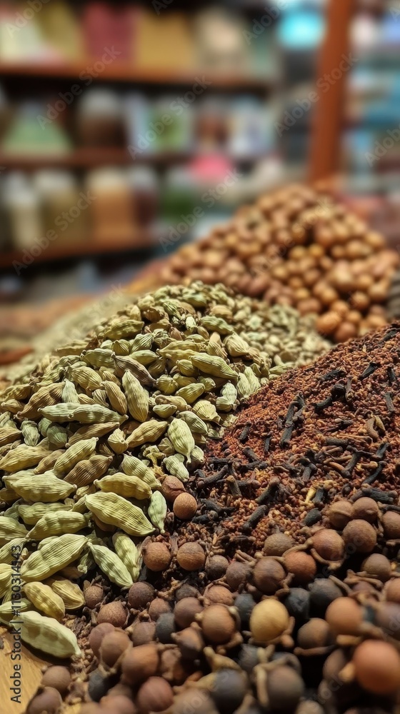 Obraz premium Aromatic Spice Market Abundance: Cardamom, Cloves, Peppercorns and More