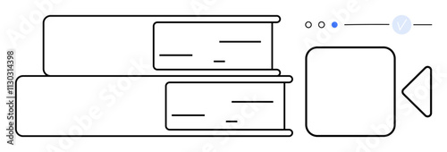 Two horizontally stacked books beside a video play button and a progress bar with indicators. Ideal for education, online learning, tutorial content, e-books, digital library, multimedia resources