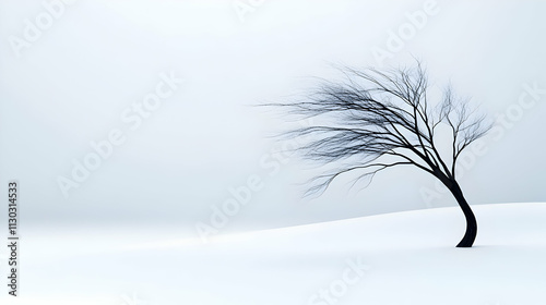 tree blown sideways in the wind with frozen glacier branches, realistic, photo