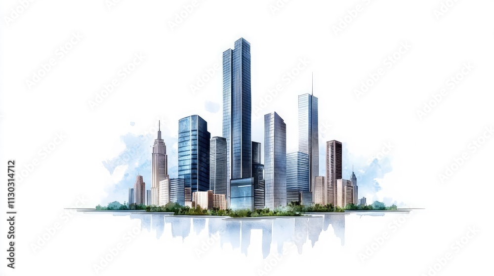 Obraz premium Modern Urban Skyline with Skyscrapers Reflecting in Water on a Clear Day