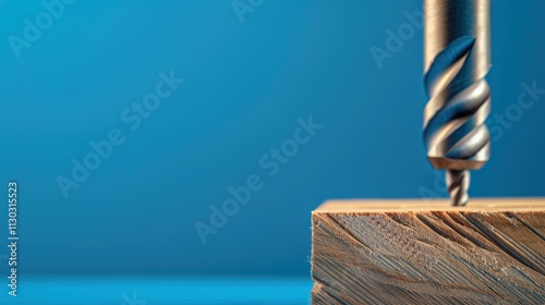 A close-up of a countersink bit creating a recess in wood on a solid blue background.