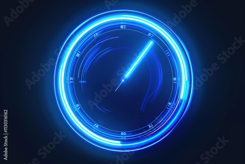 Glowing neon line with speedometer speed time clock icon in blue neon style. modern conceptual design background.