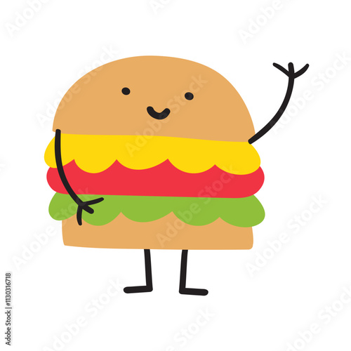 Burger. Smiling cute character. Fast food. Hand drawn illustration on white background.