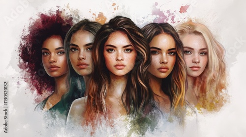 Women with varied skin tones and hairstyles, standing closely together