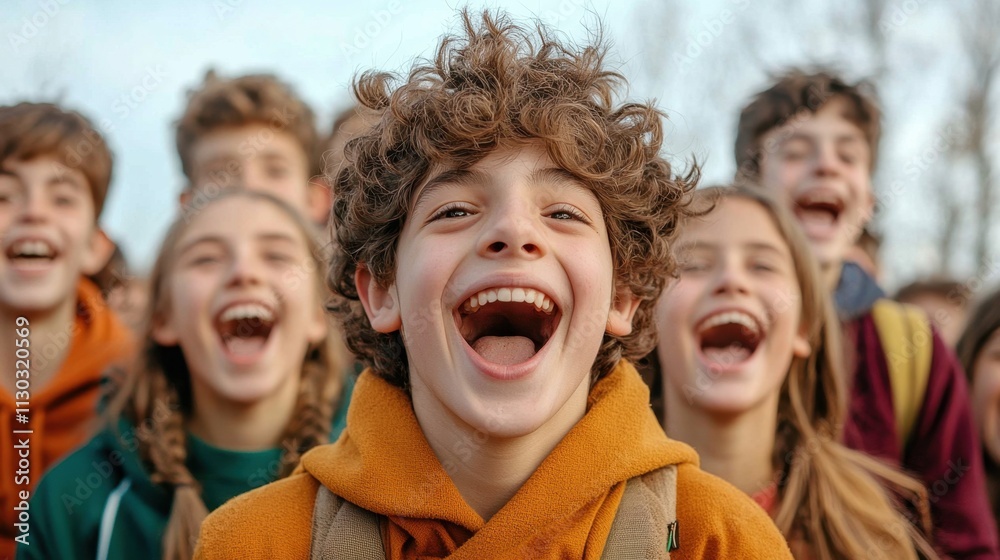 Fototapeta premium The closeup portrait captures a group of young students, their faces beaming with joy and enthusiasm, exuding a contagious energy and excitement that is palpable through the screen.