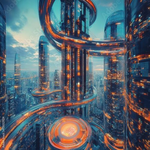 Cityscape of skyscrapers intertwined with futuristic technology photo