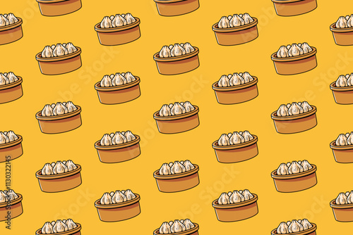 bakpao chinese dumpling on steamer illustration seamless pattern on yellow background for restaurant and cafe decor and merchandise. seamless pattern of bakpao chinese dim sum vector background