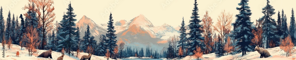 Fototapeta premium Winter Landscape, Snowy Forest with Evergreens and Mountains Reflection, Serene banner without People or Structures