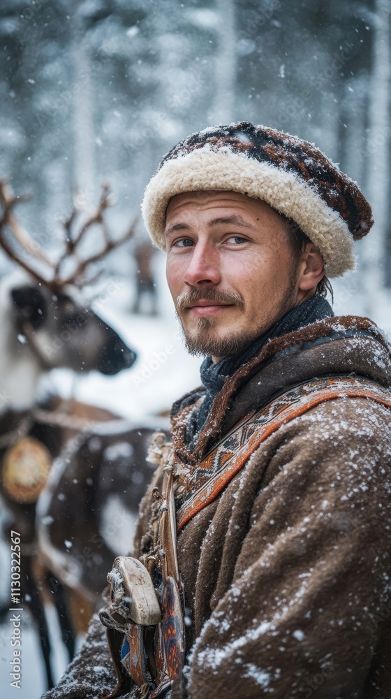 Fototapeta premium A Sami Man in the Snow, Portrait of a reindeer herder in traditional Sami clothing, during a winter snowfall.