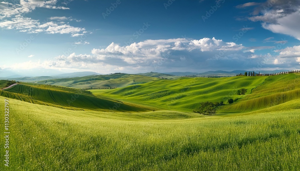 Fototapeta premium Green meadow stretches towards the blue sky, a picturesque rural landscape
