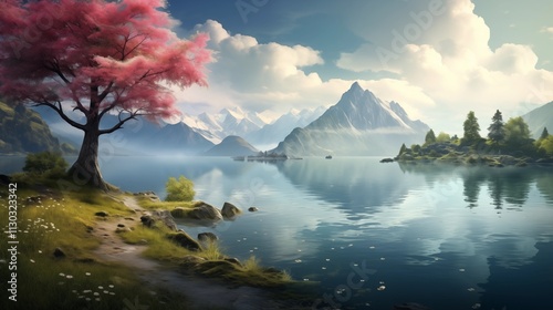 Serene Mountain Lake Landscape with Pink Tree photo