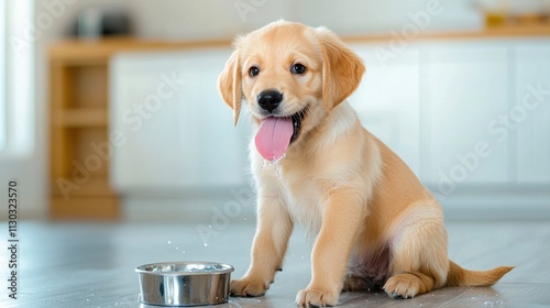 A playful puppy sits on a kitchen floor, lapping up water from a bowl with its tongue, its eyes twinkling with mischief as it lets out a happy, giggling sound. photo