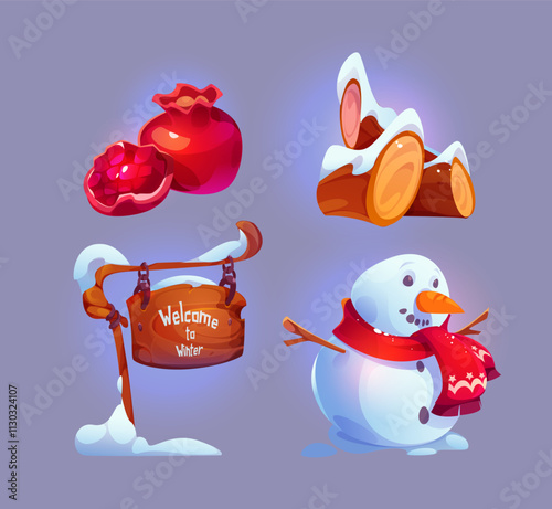 Set of snowman grenade wooden sign and snowy firewood. Winter vector set of elements isolated on background. Cartoon collection for game interface