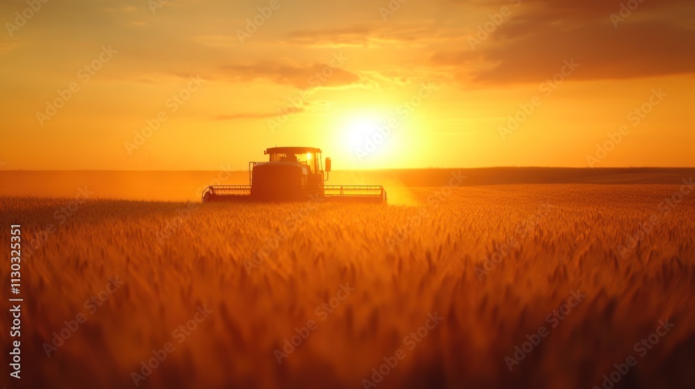 Fototapeta premium A combine harvester works in a golden wheat field at sunset, symbolizing agricultural productivity.