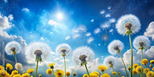 Serene Dandelions Floating on a Sunny Day Against a Bright Blue Sky with Fluffy White Clouds and Yellow Flowers
