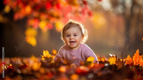 happy little child, baby girl laughing and playing in autumn