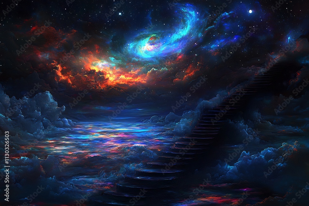 Fototapeta premium Glowing Celestial Landscape with Staircase Floating on Serene Waters