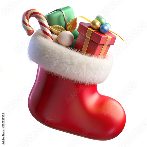 A red velvet stocking with white fur trim, stuffed with small wrapped presents, candy canes, and holly leaves photo