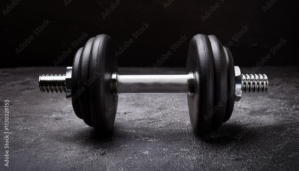 Obraz premium Black dumbbell on dark stone textured floor. Exercise equipment and fitness concept.