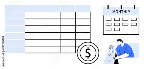 Monthly calendar, budget table, dollar symbol, and person managing expenses. Ideal for financial planning, budgeting, accounting, expense tracking, money management scheduling and personal finance