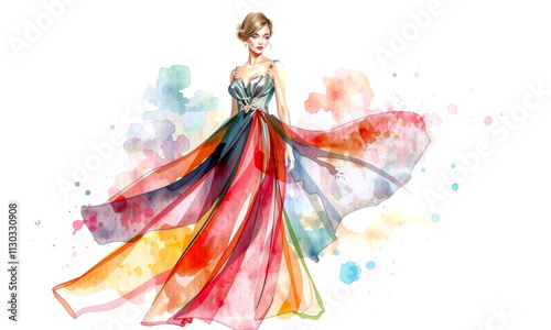stunning fashion sketch featuring woman in flowing, colorful gown with watercolor splashes. design showcases elegance and creativity in fashion illustration