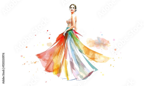 vibrant fashion sketch featuring model in colorful, flowing gown. watercolor design showcases blend of hues, capturing elegance and creativity in fashion illustration